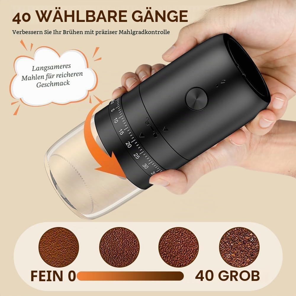 Elektrische Kaffeemühle, Tragbare Kaffeemühle mit 40 Mahleinstellungen, USB Wiederaufladbare Elektri
