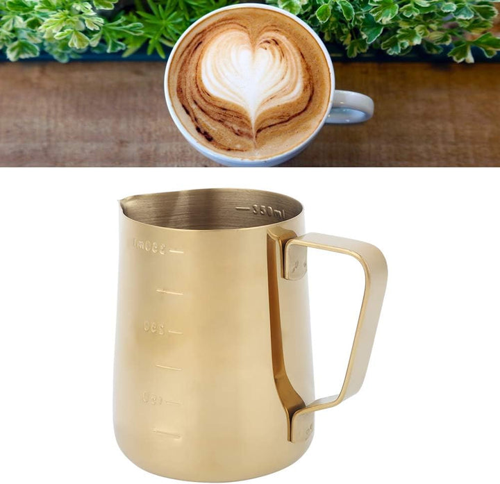 Edelstahl-Kaffeebecher, Goldener Milchkännchen mit Skala für Zuhause, Latte ArtGold, 600 Ml Aufschäu