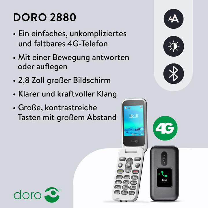 Doro 2880 4G Klapphandy für Senioren - Notruftaste - Einfach zu bedienen - Sprachgesteuerte Tasten -