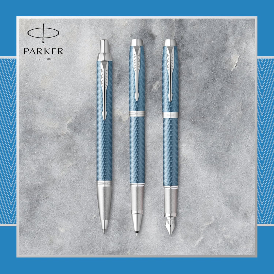 Parker IM Füller | Blaugraue Premium-Lackierung mit Chromverzierung | Füllfederhalter mit feiner Fed