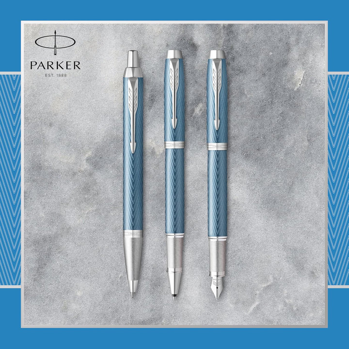 Parker IM Füller | Blaugraue Premium-Lackierung mit Chromverzierung | Füllfederhalter mit feiner Fed