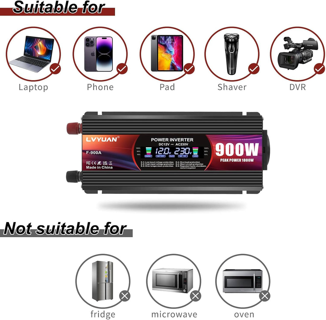 LVYUAN Wechselrichter 12V 230V 900W Spannungswandler Stromumwandler mit EU Steckdosen, 2 USB, Alliga