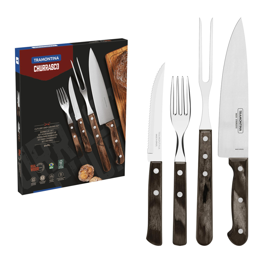 Tramontina Grillbesteck Set, 14-teilig, Edelstahl, Grillset mit Steakbesteck, Tranchiergabel und Tra