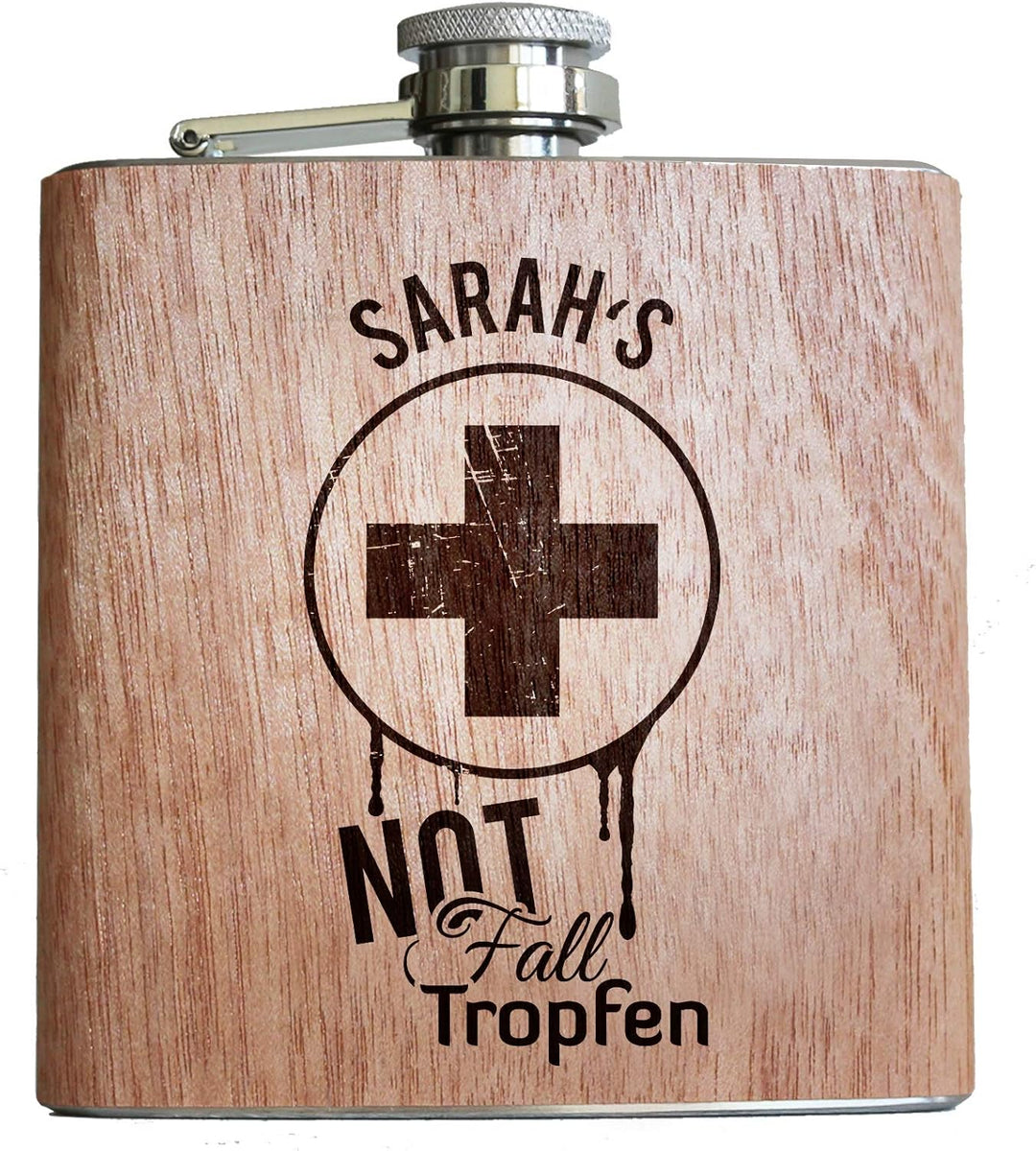 Holz Flachmann Notfalltropfen, mit persönlicher Namens Gravur! Lustige und individuelle Geschenk Ide