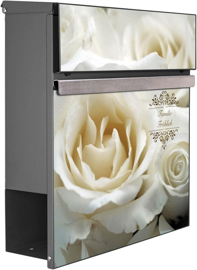 banjado® Briefkasten personalisiert Anthrazit mit Motiv White Roses/Briefkasten mit Zeitungsfach 37x