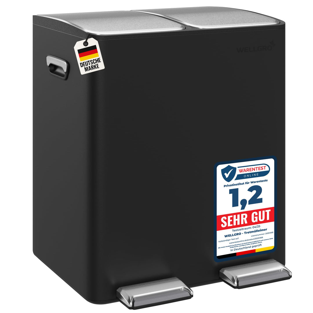 WELLGRO Mülleimer Küche 30 Liter – Edelstahl Treteimer 2x15 Liter schwarz mit Softclose-Deckel, Müll