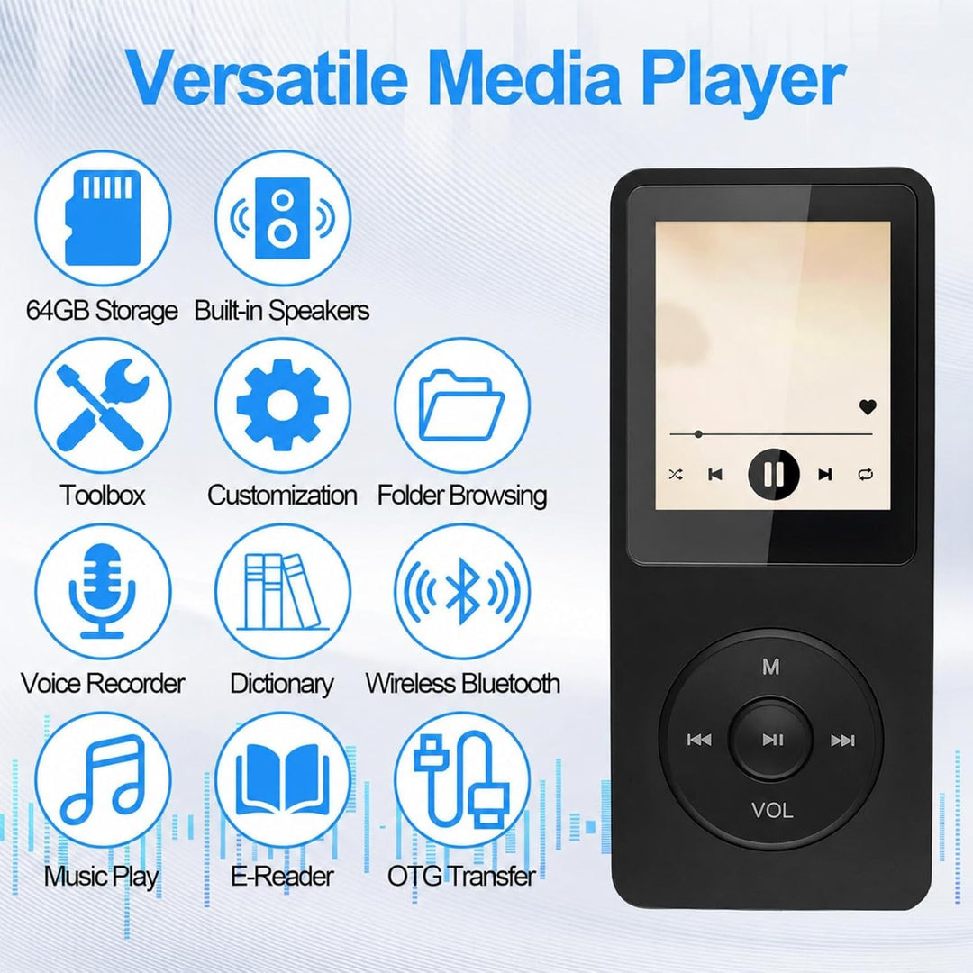 64GB MP3 Player Bluetooth 5.3, Tragbarer Musikplayer mit Lautsprecher, HiFi Klang, HD Sound, FM Radi