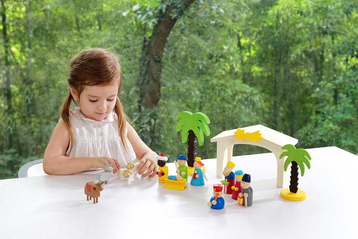 Fritz Cox® Kinderkrippe Weihnachten aus Holz - handbemalte Holz-Kinder-Krippe inkl. Krippenstall in