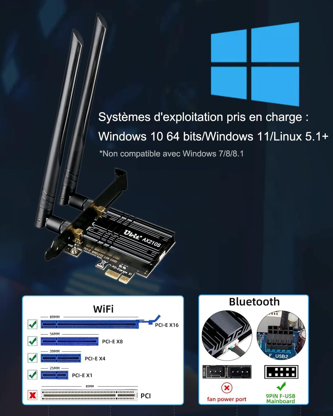 Ubit WLAN Karte, Intel Dreiband Bis zu 5400Mbit/s WLAN Karte mit Bluetooth 5.2 6GHz / 5GHz / 2.4GHz
