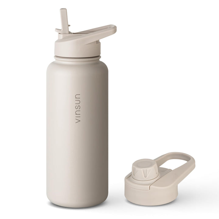 Vinsun Trinkflasche Edelstahl beige 1L - auslaufsicher, Kohlensäure geeignet, BPA frei - Strohhalm,