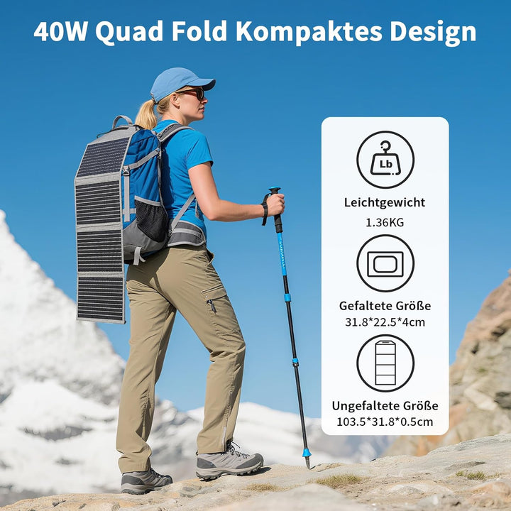 40W Faltbares Solarpanel, Tragbares Solarladegerät mit USB C, USB A und DC Ausgängen, 19V Mini-Ladeg