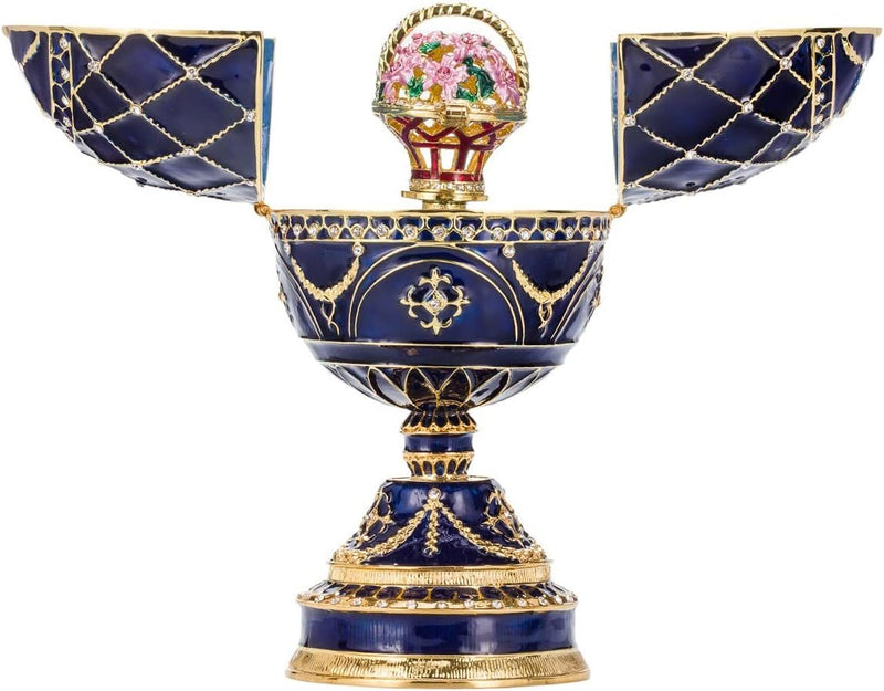 danila-souvenirs Fabergé-Stil Ei Spieluhr Schmuckkästchen mit Korb der Blumen 17 cm blau