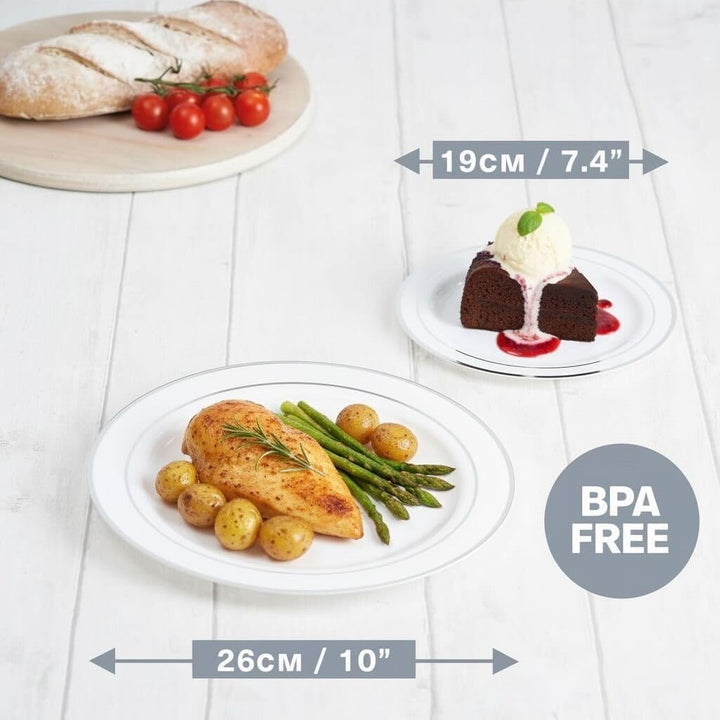 MATANA 120 Weisse Plastikteller mit Silbernem Rand, 2 Grössen (60 x 26cm, 60 x 19cm) - Hochzeiten, T