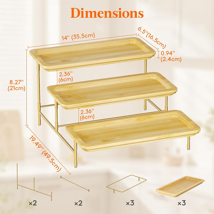 Lifewit 3 Etagen Bambus Servierplatte, 36 x 17 cm Serviertablett mit Goldener Metallständer für Part