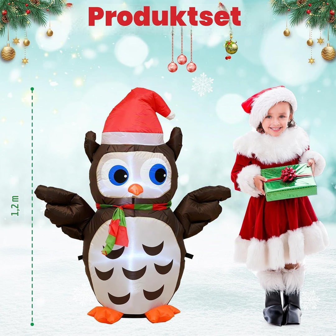Ycolnaefllr 122 cm Weihnachtsdekoration aufblasbare Eule, Eule mit Weihnachtsmütze mit eingebauten L