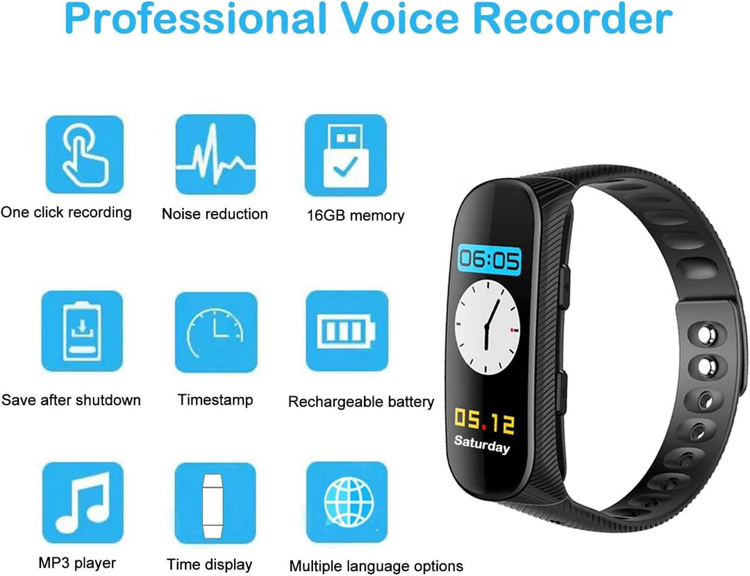 Sprachrecorder Armband 16 GB Professioneller Sprachrecorder mit Sprachaktivierung und MP3-Player Uhr