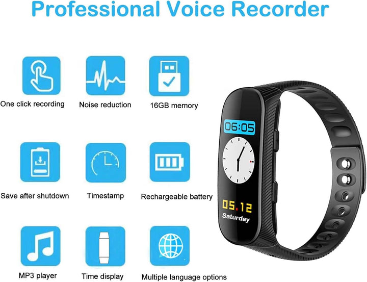 Sprachrecorder Armband 16 GB Professioneller Sprachrecorder mit Sprachaktivierung und MP3-Player Uhr