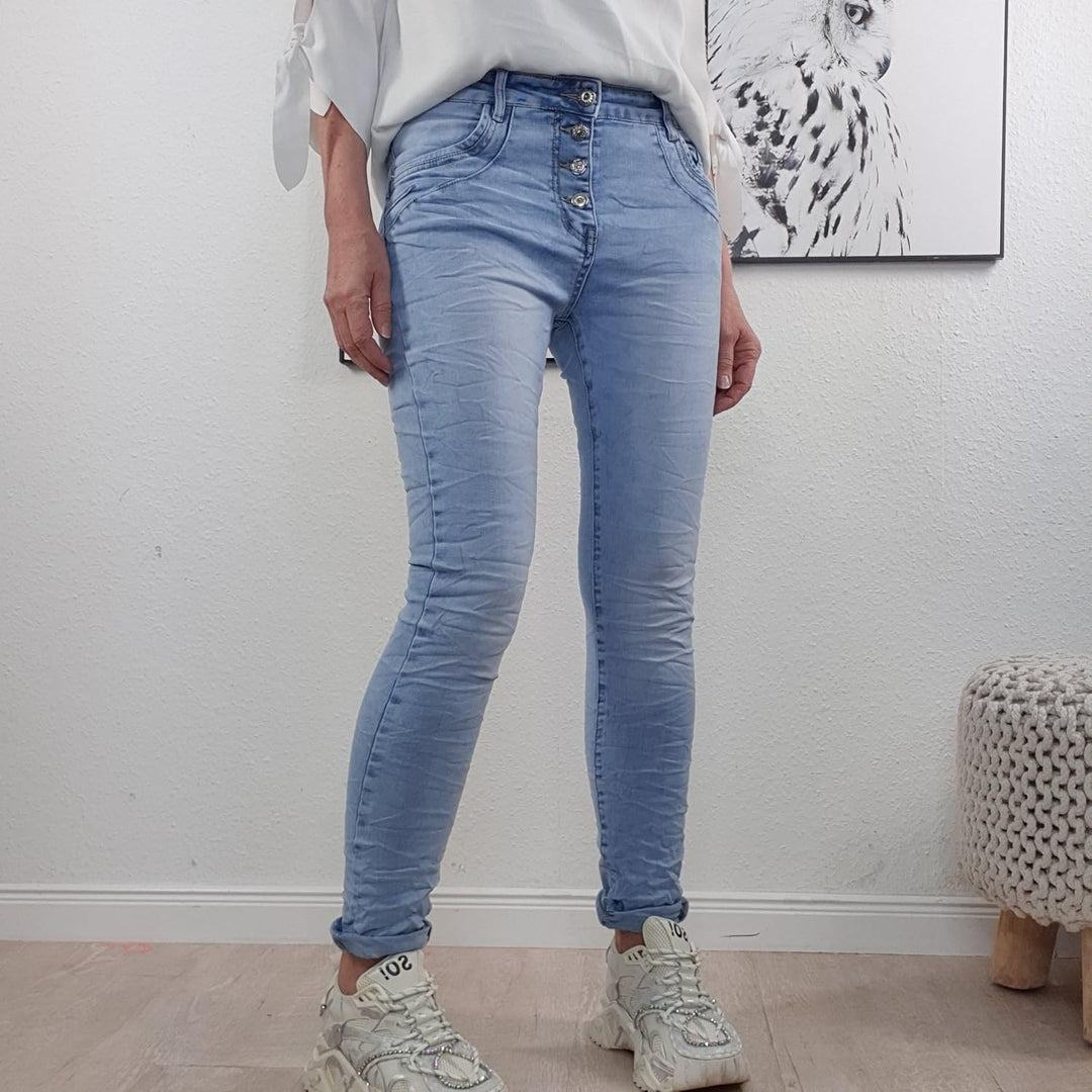 Jewelly Damen Boyfriend Stretch Jeans| Denim Hose für Frauen| 5-Pocket Bagggy Pants XS Light Wash, X