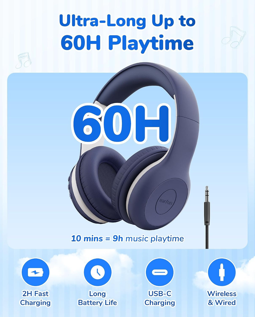 EarFun Bluetooth Kopfhörer Kinder, 85/94dB Lautstärkeregelung, HiFi Sound, HD-Mikrofon, 40 Std Akku,