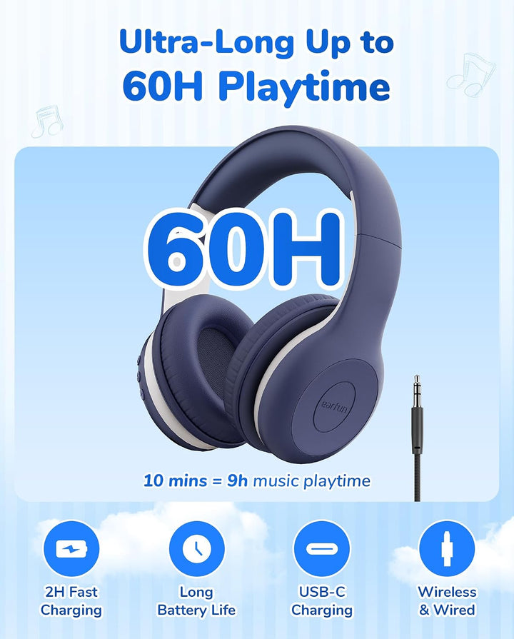 EarFun Bluetooth Kopfhörer Kinder, 85/94dB Lautstärkeregelung, HiFi Sound, HD-Mikrofon, 40 Std Akku,