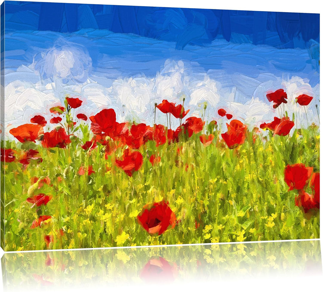 Mohnwiese Pinsel Effekt, Format: 100x70 auf Leinwand, XXL riesige Bilder fertig gerahmt mit Keilrahm