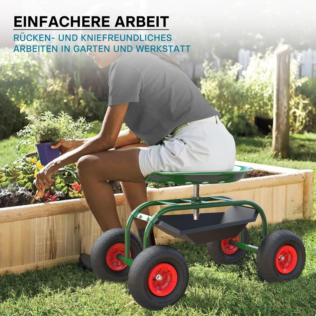 Wiltec Gartenwagen mit Ablagefläche bis 150kg Gartenhocker mit Reifen Gartentrolley für Gartenarbeit