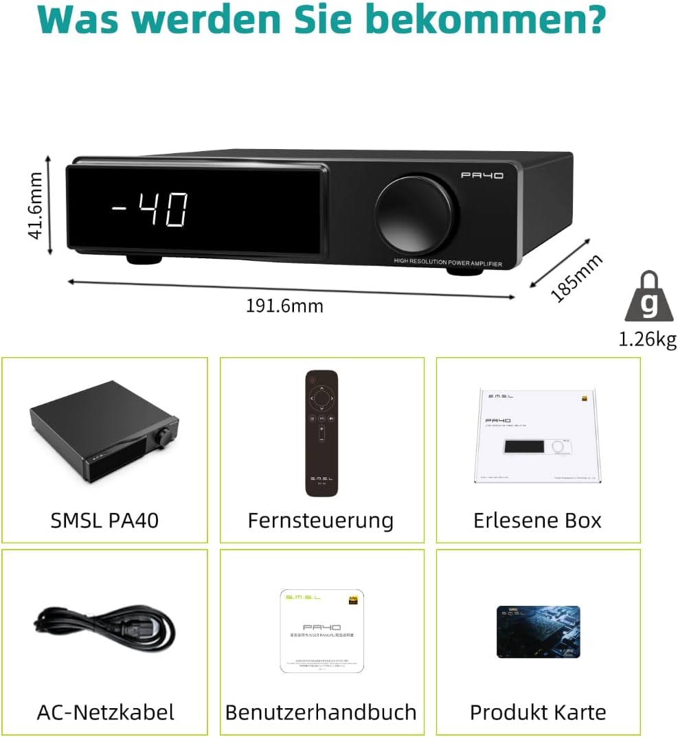 SMSL PA40 Class D Verstärker, 165Wx2 Stereo Verstärker für Passiv-Lautsprecher, Leistungsverstärker