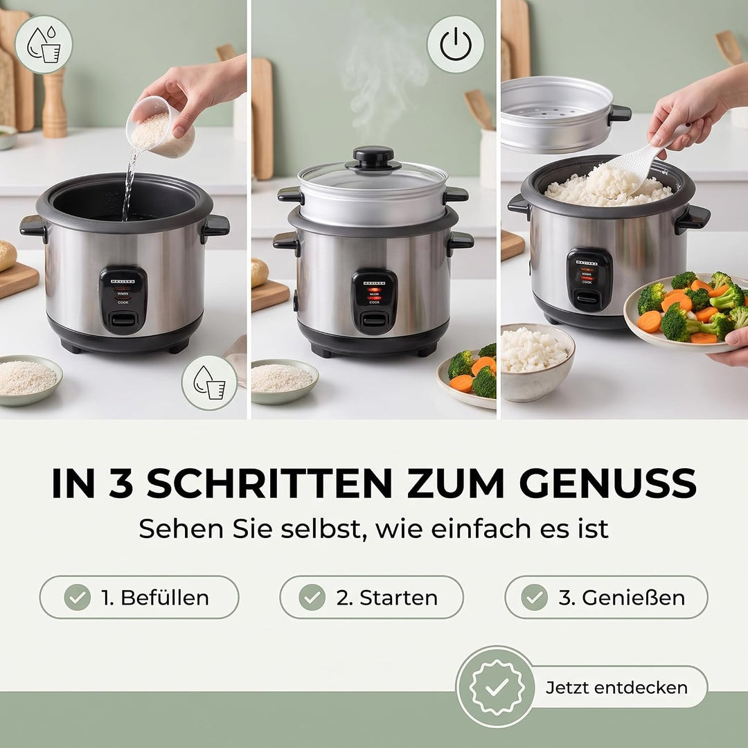 Melissa Reiskocher 1,5 L - 500 W Edelstahl-Reiskocher mit Antihaft-Innentopf, Dämpfkorb für Gemüse &amp;