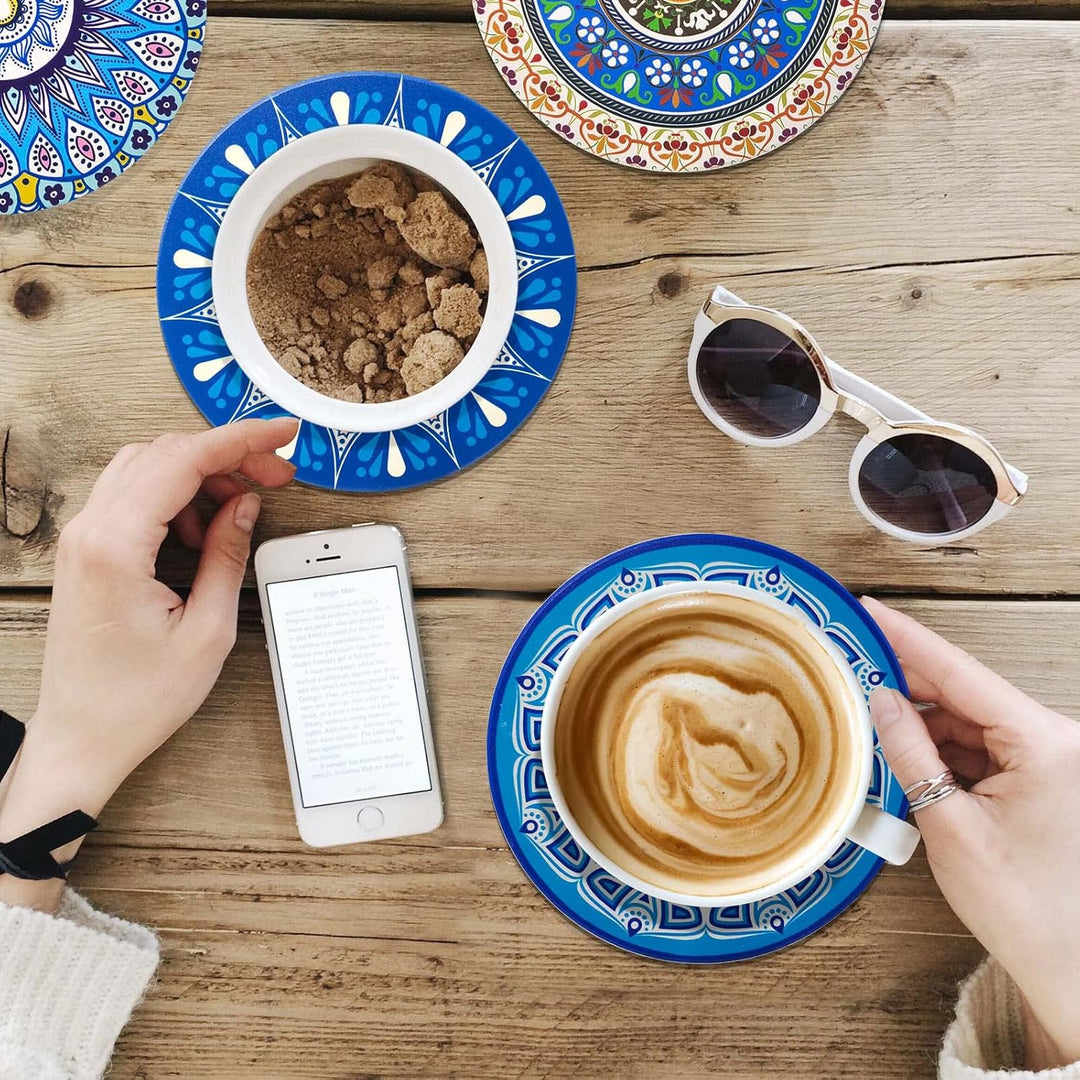 Untersetzer Getränke-8er Set Saugfähig Kork Keramik Glasuntersetzer,mit Metallhalter 4 Zoll Mandala-