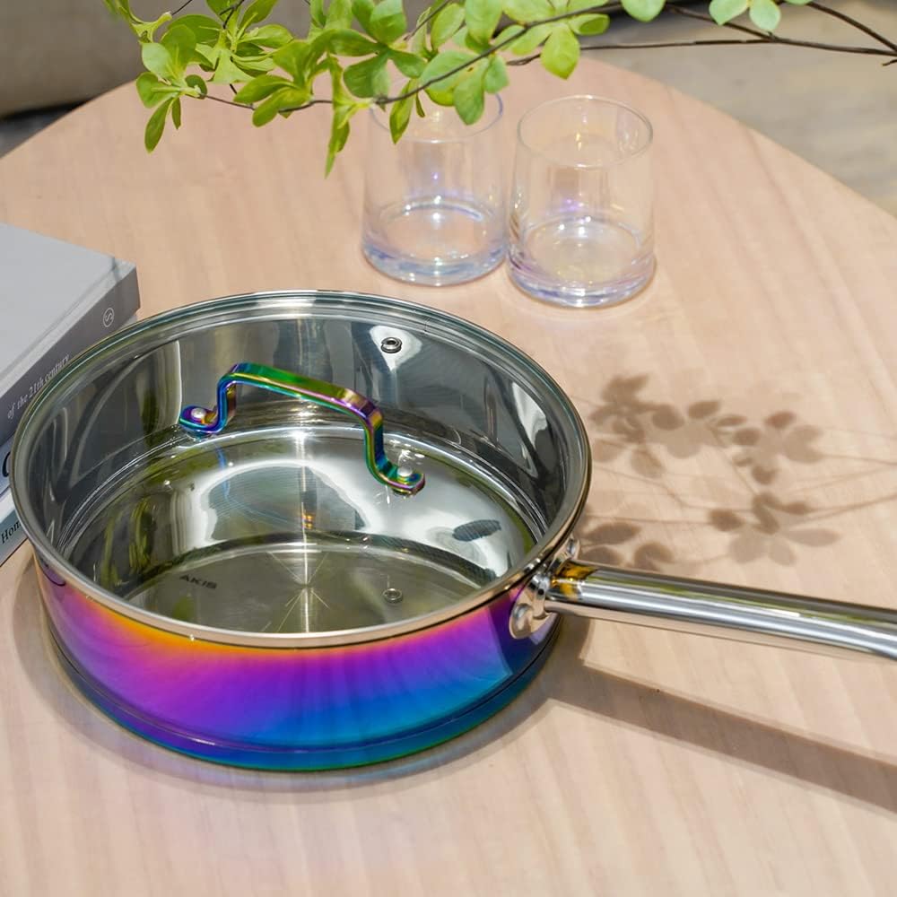 AKIS Dazzling Regenbogen Edelstahl 6 teilig Pfanne Topfset 1 Kochtopf, 1 Pfanne, 1 Stieltopf mit 3 G