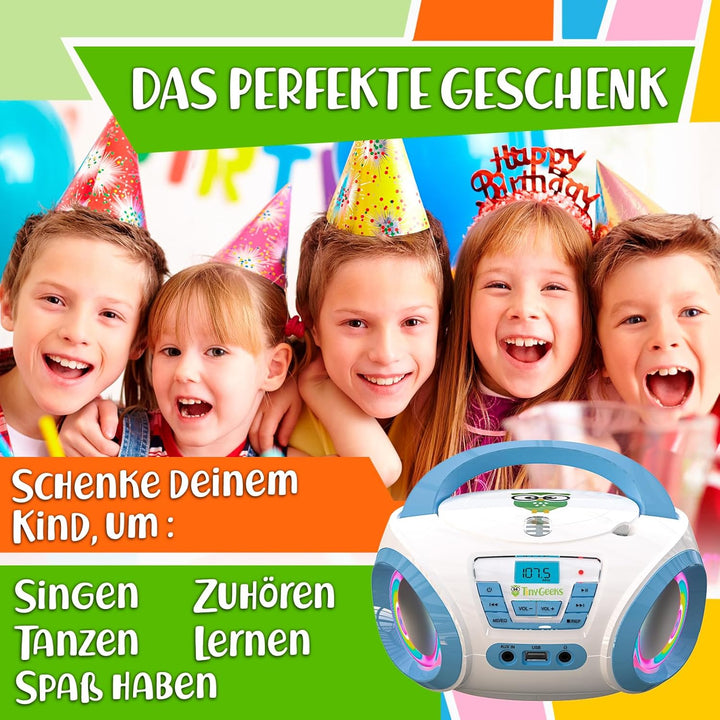 Tinygeeks Tunes Kids CD Player für Kinder - NEU 2024 - UKW-Radio - Inklusive Batterien - Blau - Boom