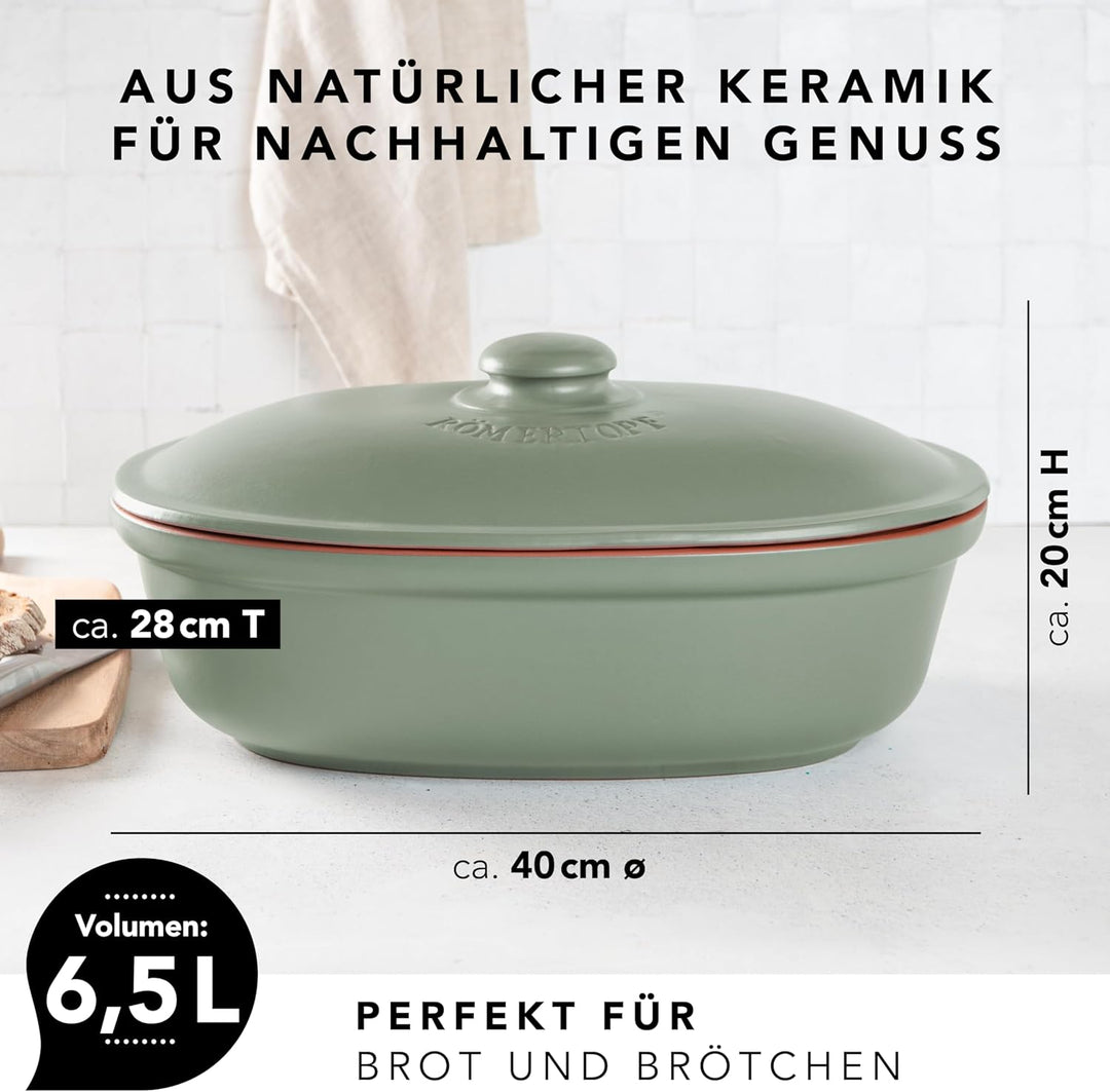 Römertopf Brottopf oval MAXI 6,5 Liter - Brotkasten Grün aus Keramik - Atmungsaktiver Tontopf für la