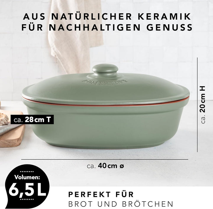 Römertopf Brottopf oval MAXI 6,5 Liter - Brotkasten Grün aus Keramik - Atmungsaktiver Tontopf für la