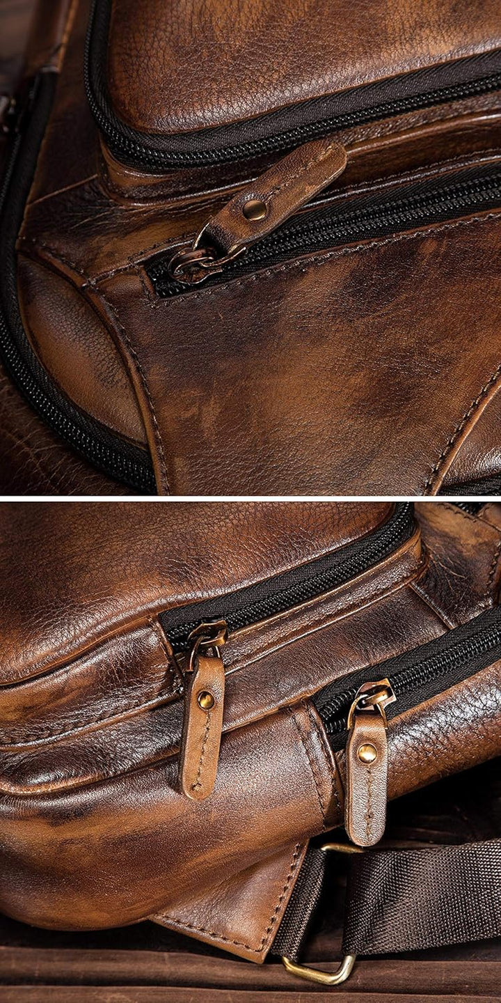 Le'aokuu Herren Echtes Leder Brusttasche Umhängetasche Sport Outdoor Messenger Bag Wanderrucksäcke 8