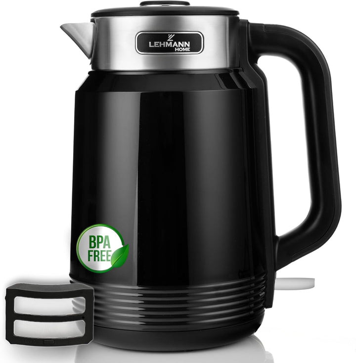 LEHMANN Elektrischer Wasserkocher Edelstahl 2L, 2200W, Schnelles Aufheizen, Doppelwand Design, Absch