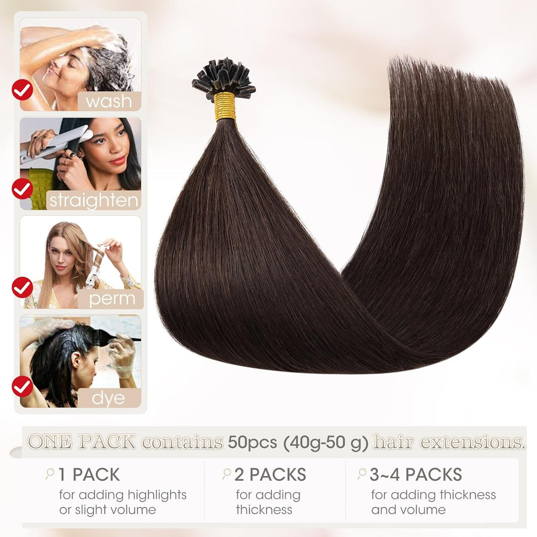 Elailite Echthaar Bonding Extensions Dunkelbraun Haarverlängerung 50g 50 Strähne U-Tip Keratin Mensc