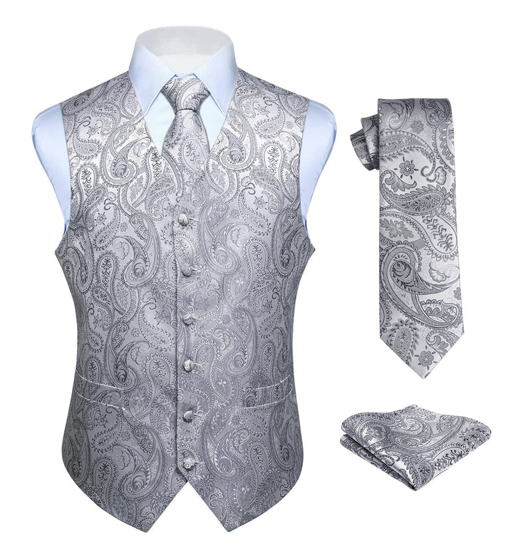 HISDERN Herren FLoral Hochzeit Weste Krawatte Einstecktuch Taschentuch Jacquard Weste Anzug Set 6XL