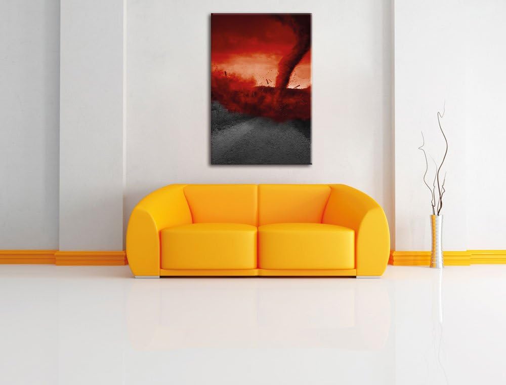 Pixxprint Roter stürmischer Tornado schwarz/weiss / 100x70cm Leinwandbild bespannt auf Holzrahmen/Wa