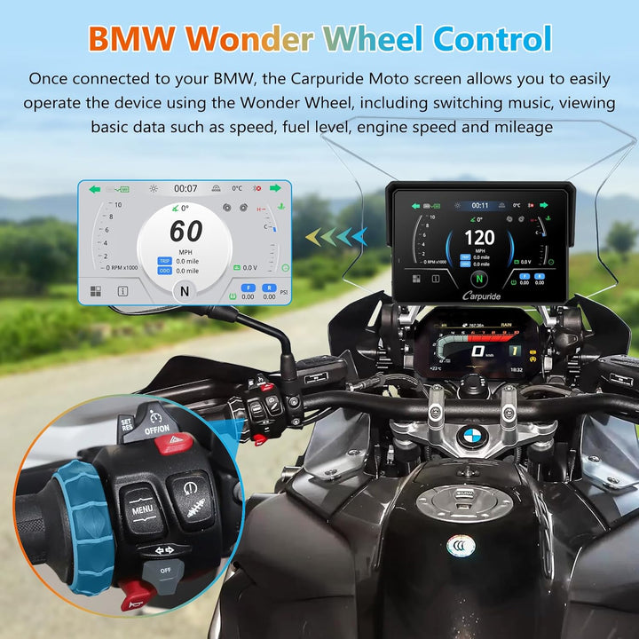 CARPURIDE W502BS Pro für BMW-Motorrad, CarPlay & Android Auto, Dual-Bluetooth, 5 Zoll Wasserdichter