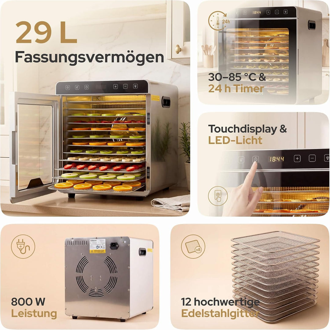 Arebos Dörrautomat Edelstahl 800W | Dehydrator mit 12 Gittern & 29L | Dörrgerät für Obst, Gemüse, Kr