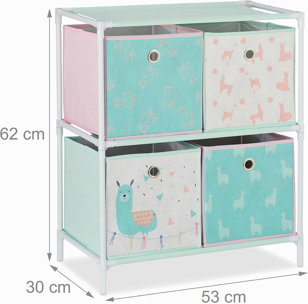 Relaxdays Kinderregal mit 4 Boxen, Jungen &amp; Mädchen, Lama-Design, Regal Kinderzimmer, Spielzeug, HBT
