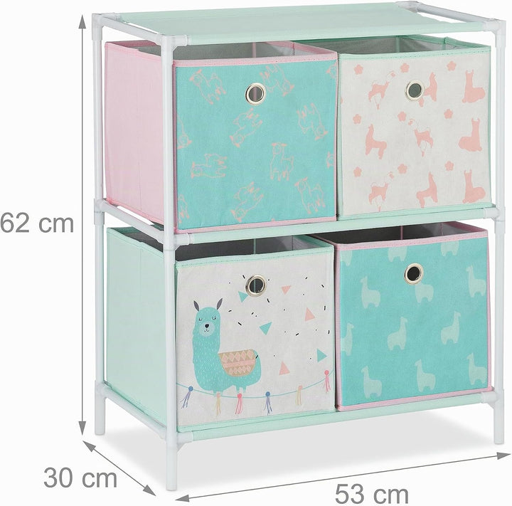Relaxdays Kinderregal mit 4 Boxen, Jungen &amp; Mädchen, Lama-Design, Regal Kinderzimmer, Spielzeug, HBT