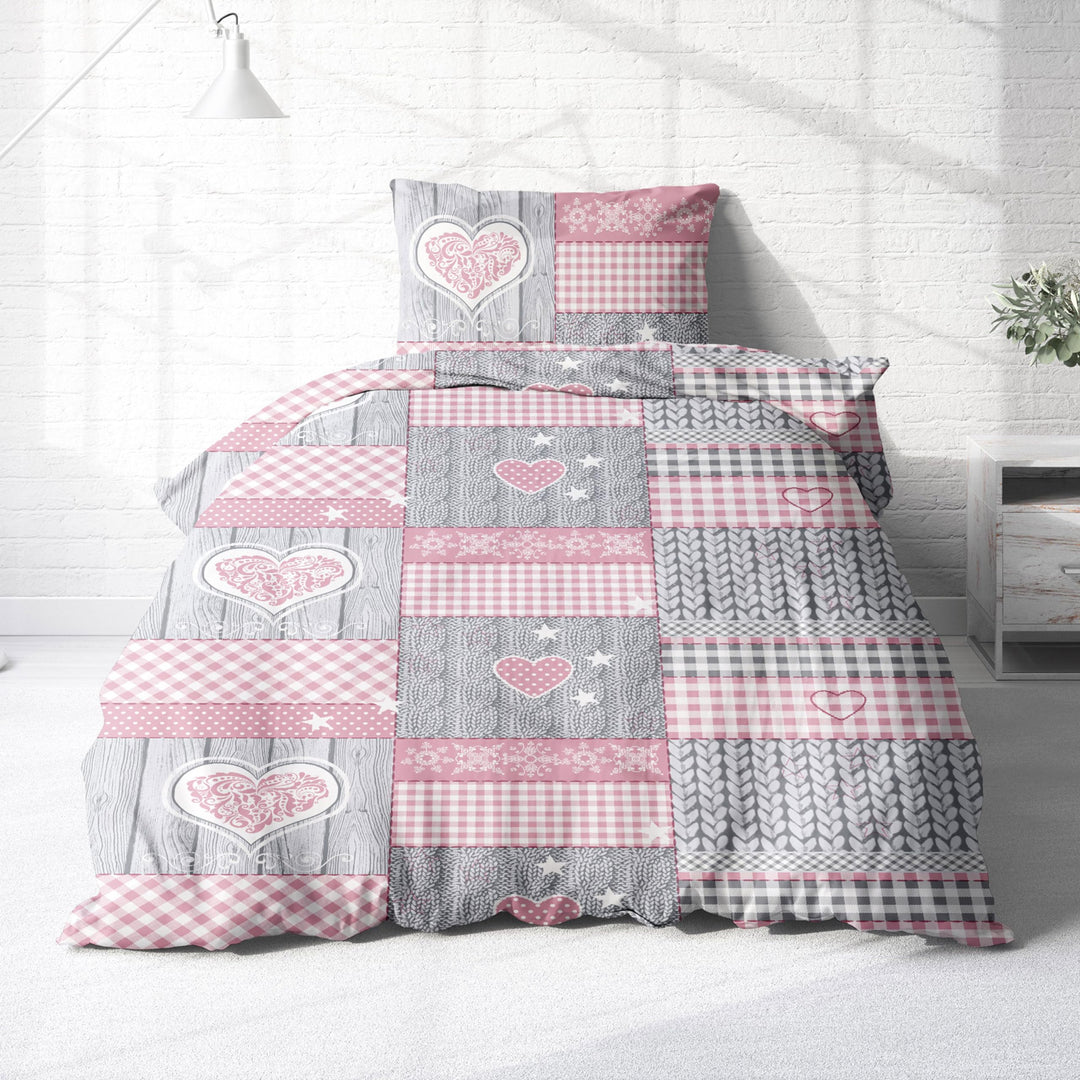 Träumschön Biber Bettwäsche 155x2200 2tlg | Herz Bettwäsche Rosa Mädchen im Oktoberfest Style | Rosa