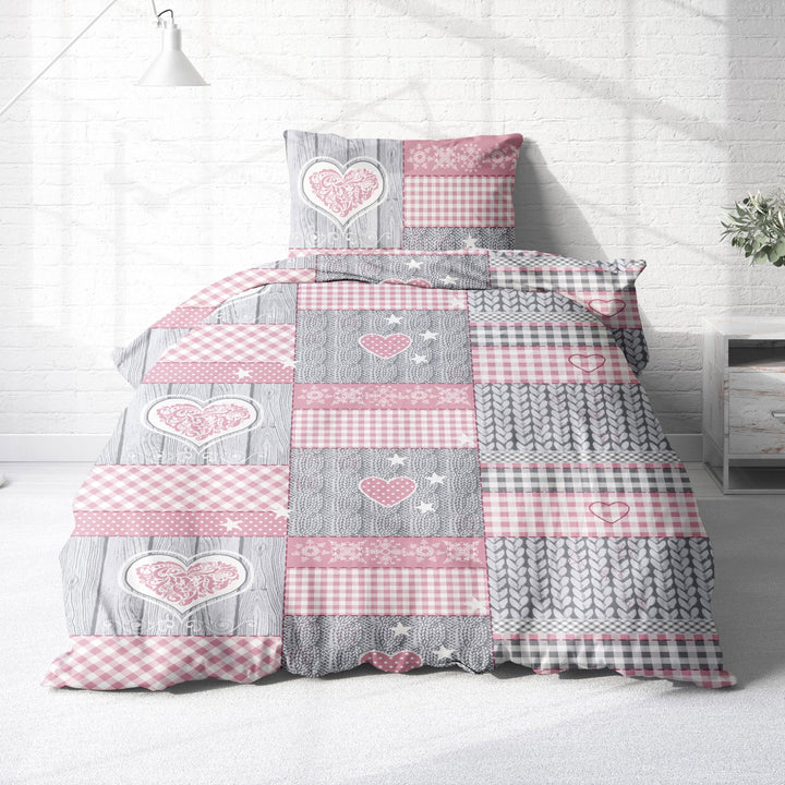 Träumschön Biber Bettwäsche 155x2200 2tlg | Herz Bettwäsche Rosa Mädchen im Oktoberfest Style | Rosa
