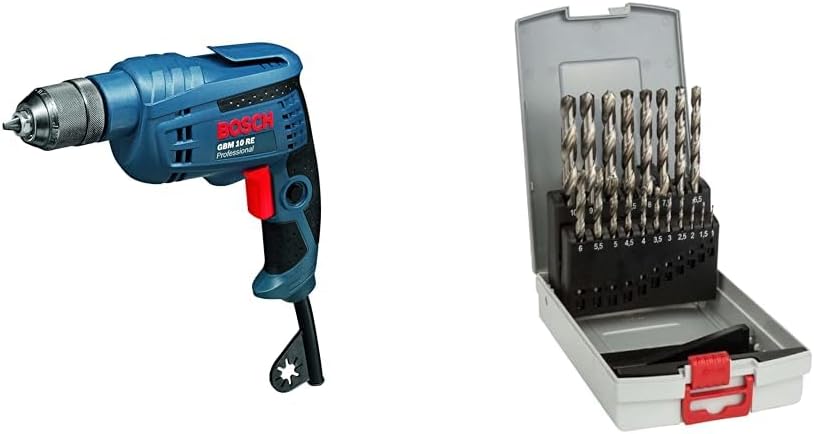 Bosch Professional Bohrmaschine GBM 10 RE (600 Watt, 1-10 mm Schnellspannborhfutter, im Karton) + 19
