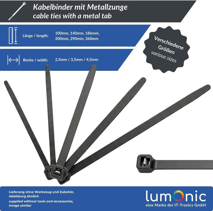 Lumonic 100 Stück Kabelbinder mit Metallzunge | 360 × 4,5mm | bis 40kg Zugfestigkeit | Nylon PA6.6,