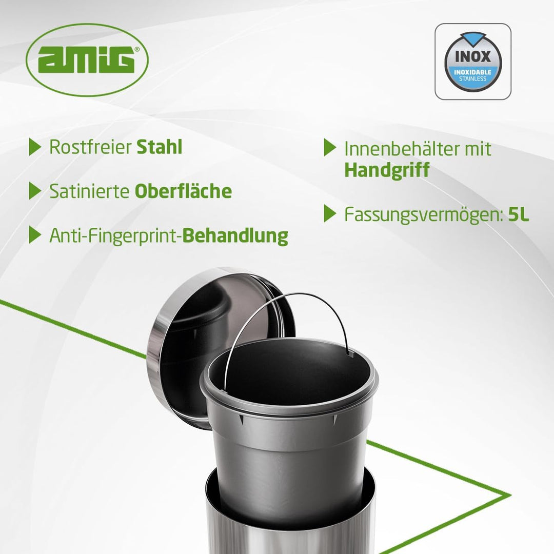 Amig - Mülleimer mit Pedal 5L - Edelstahl - Anti-Fingerabdruck-Behandlung - Öffnen mit Pedal - Innen