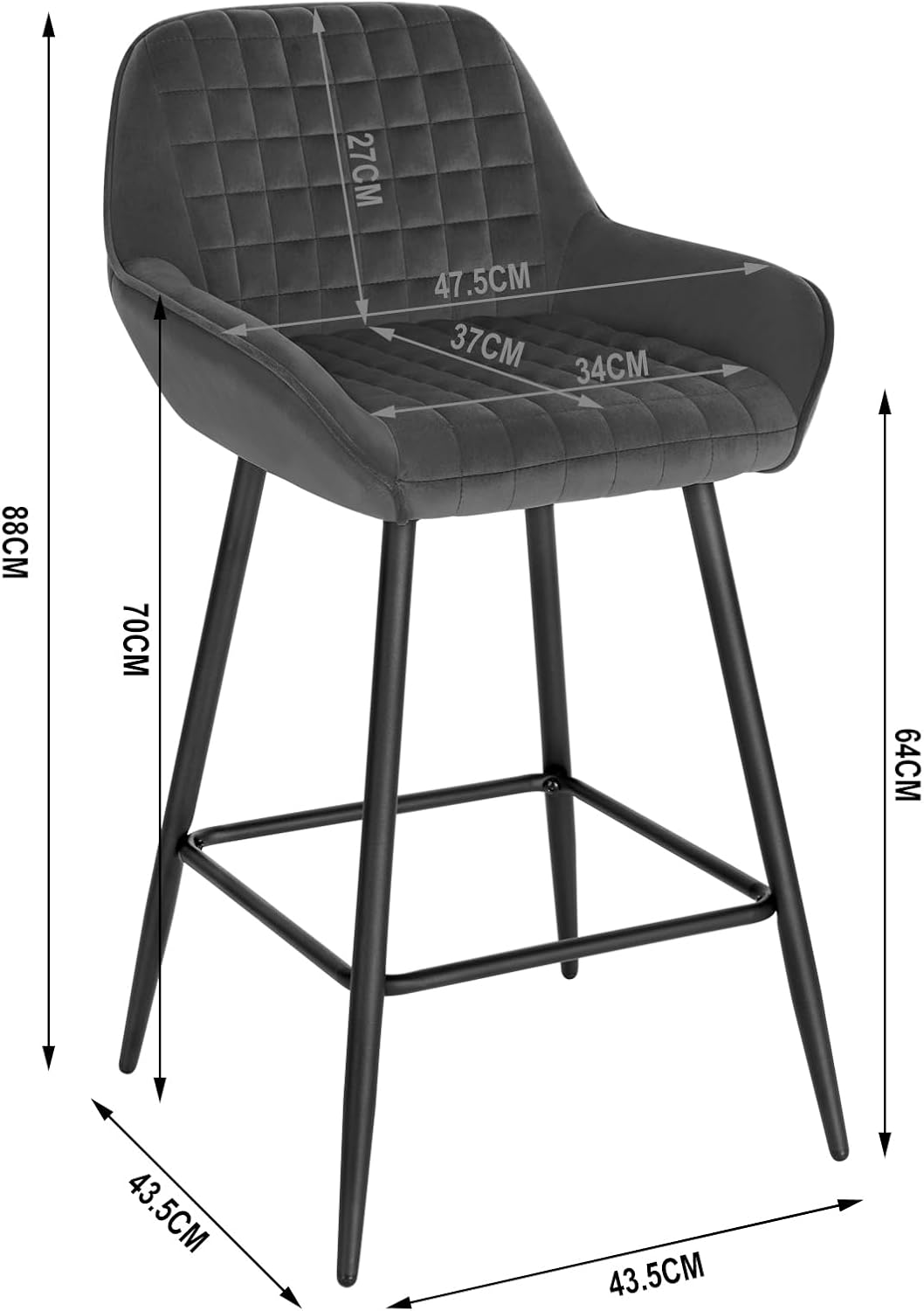 WOLTU Barhocker 2er Set, mit Armlehnen Lehne, Samt, Dunkelgrau | Designer Barstuhl, Polsterhocker mi