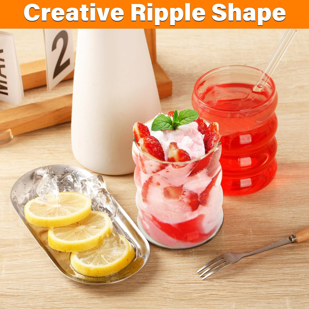 Withosent 300ml Bubble Gläser mit Strohhalm, 4er Gerippte Trinkgläser Set, Wave Gläser Tumbler Glasb