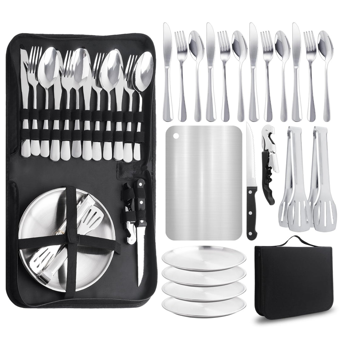 Camping Geschirr Set für 4 Personen, 22 Stück Tragbars Campingbesteck Set, Besteck Camping mit Löffe